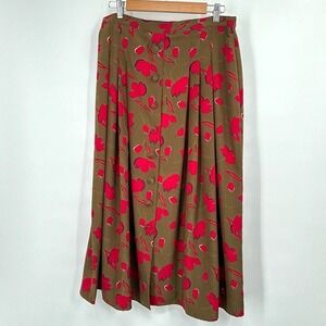 Vintage Button Front Floral Skirt Womens L Brown Red Midi Cottage Boho Librarian